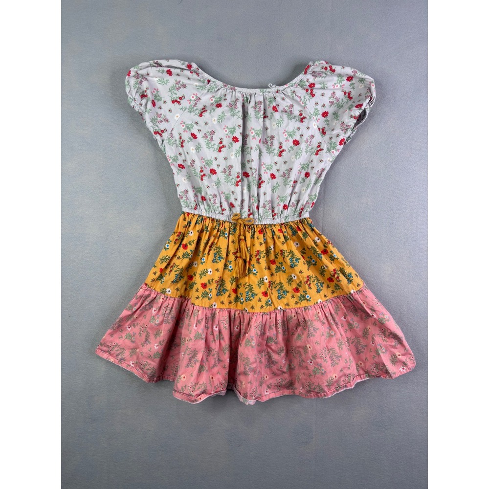 Peek Kids Girls Floral Tiered Dress Grey Yellow Pink Boho Tassel Size 6/7